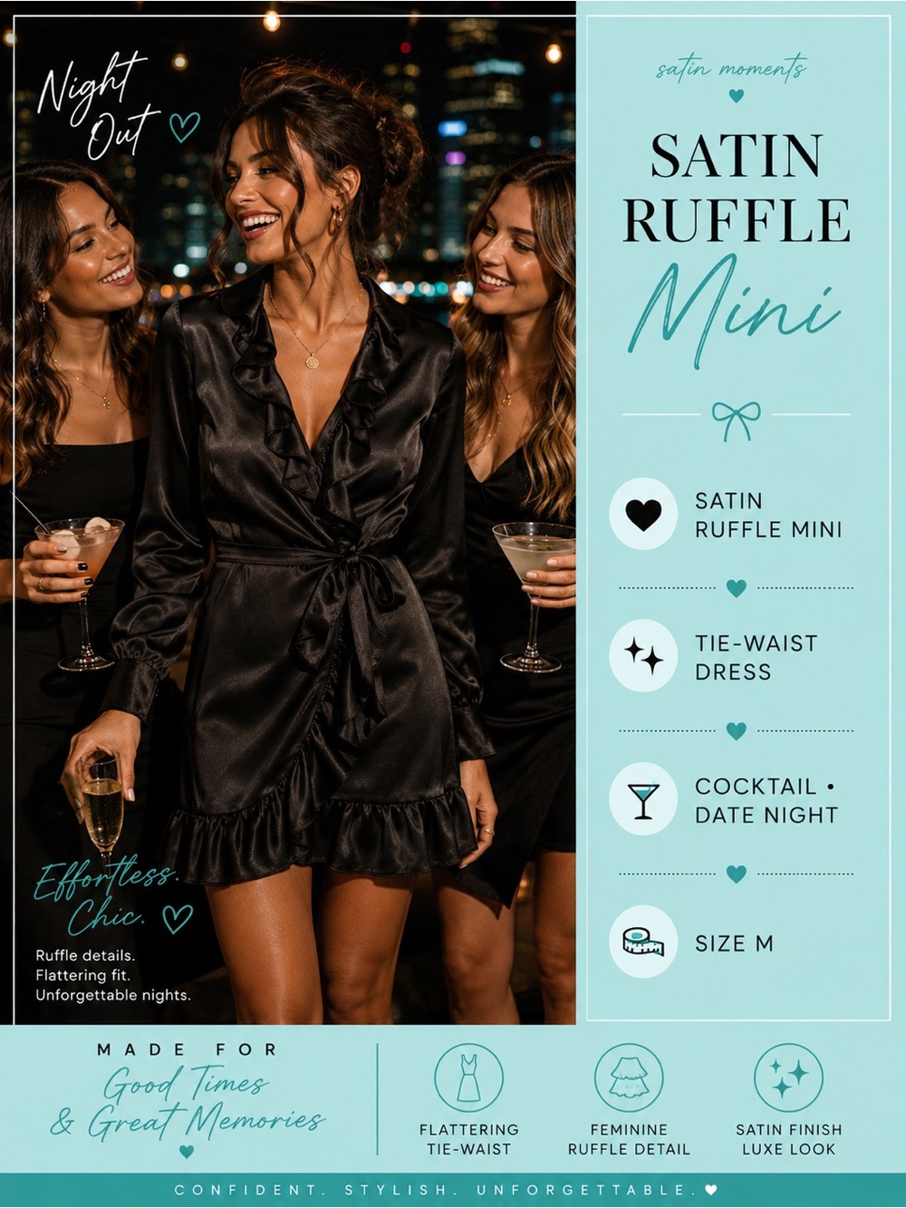 Black Satin Boho Ruffle Wrap Mini Dress Tie Waist Party Cocktail Size M NWT
